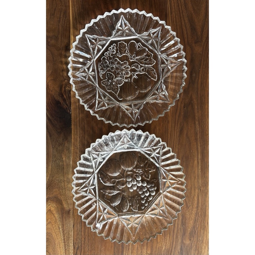 2pc VTG 60s MCM Federal Glass Clear‎ Pressed Pioneer Fruit Berry 11" Plate Bowl